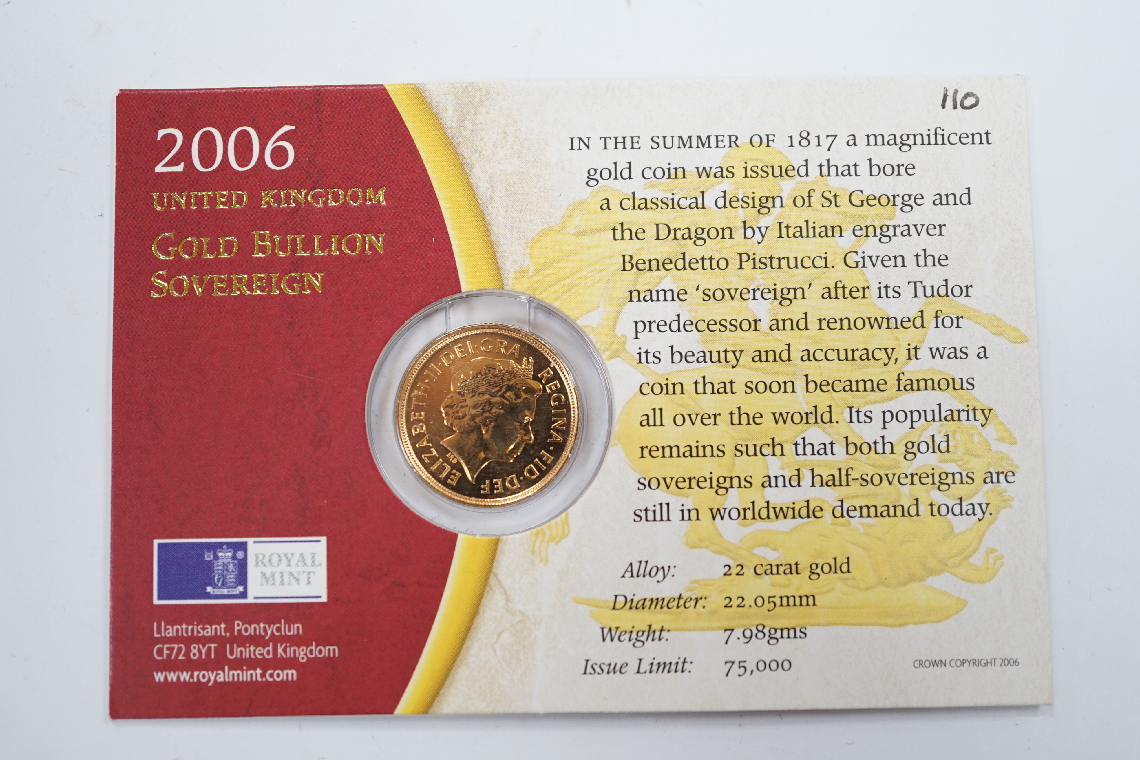 British gold coins, Elizabeth II, 2006 gold bullion sovereign St. George & The Dragon, BUNC, with Royal Mint card